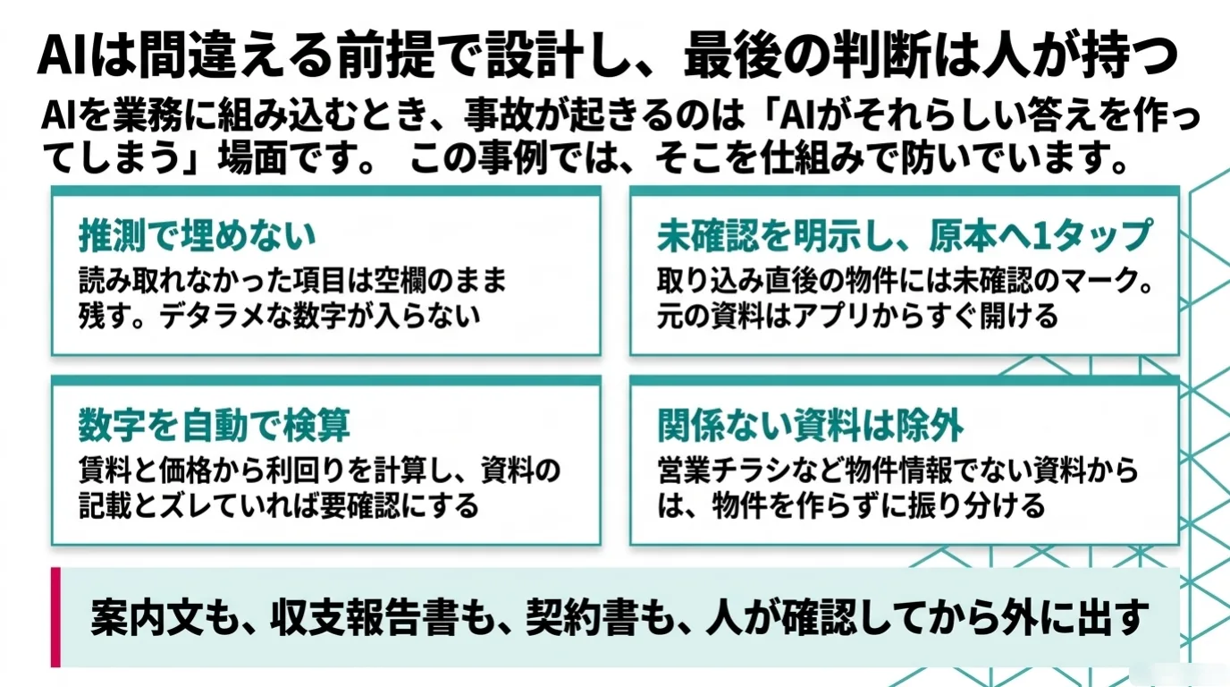不動産業のAI導入事例 10/11：AIは間違える前提で設計し、最後の判断は人が持つ。推測で埋めない、数字の自動検算など、事故を防ぐ仕組み。