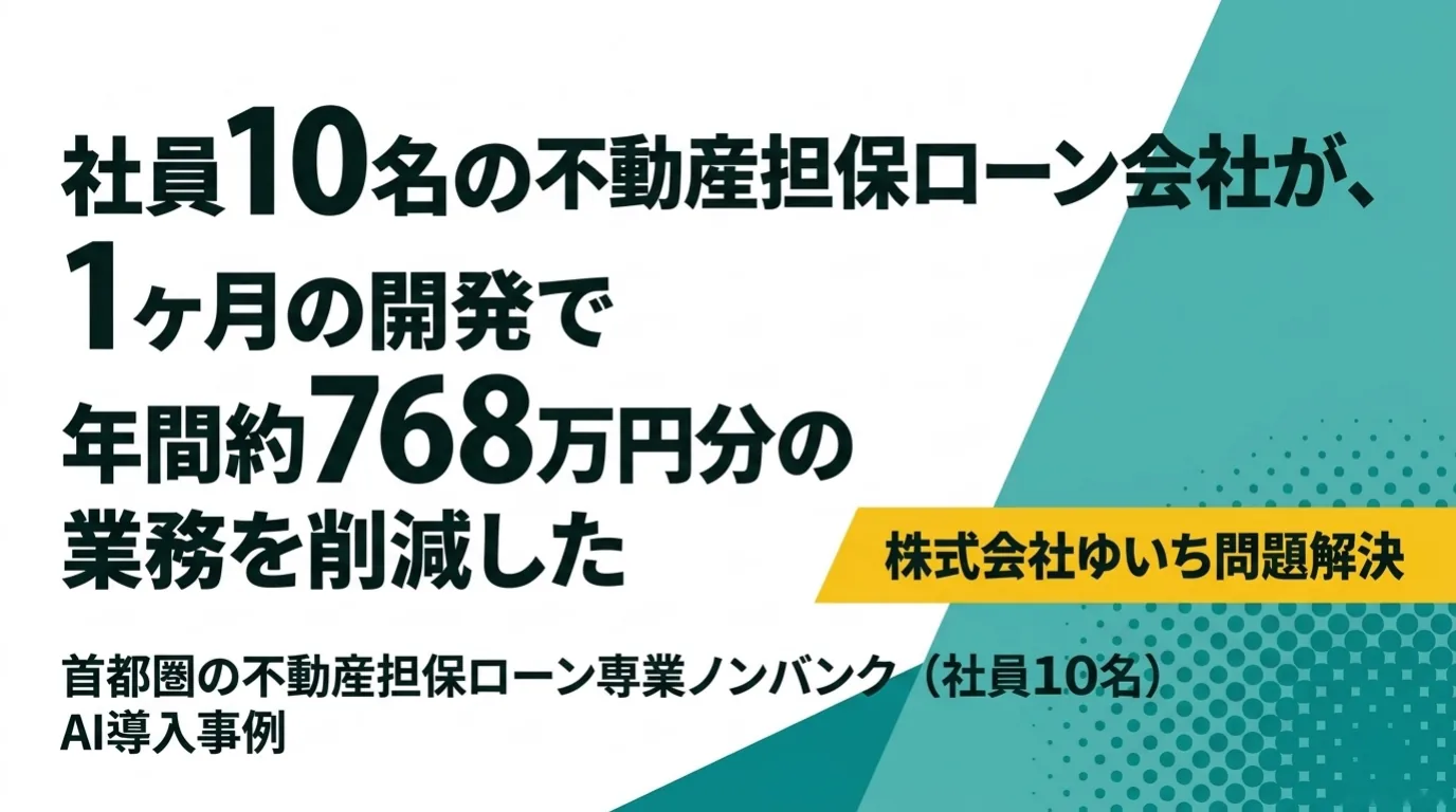 金融業のAI導入事例 1/10：社員10名の不動産担保ローン会社が、1ヶ月の開発で年間約768万円分の業務を削減したAI導入事例。