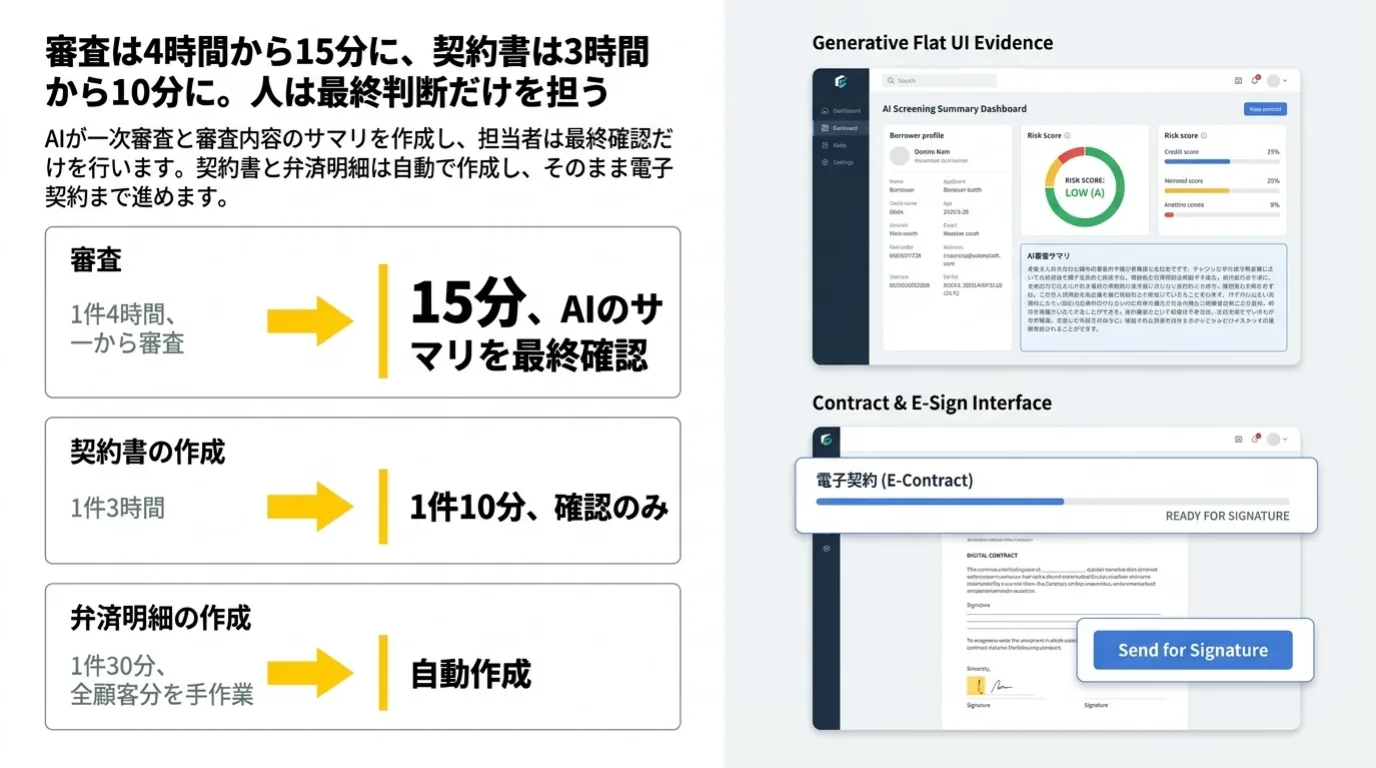 金融業のAI導入事例 5/10：審査は1件4時間から15分に、契約書の作成は3時間から10分に。弁済明細は自動作成し、人は最終判断だけを担う。