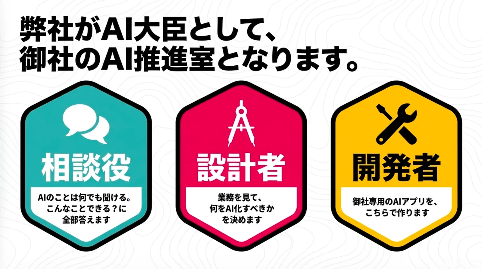 AI大臣は相談役、設計者、開発者の3つの役割を担い、御社の中にAI担当の席をひとつ持つ関わり方をします。